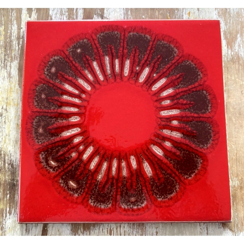 Vintage glazed ceramic art tile red black white flower Wessel Germany square